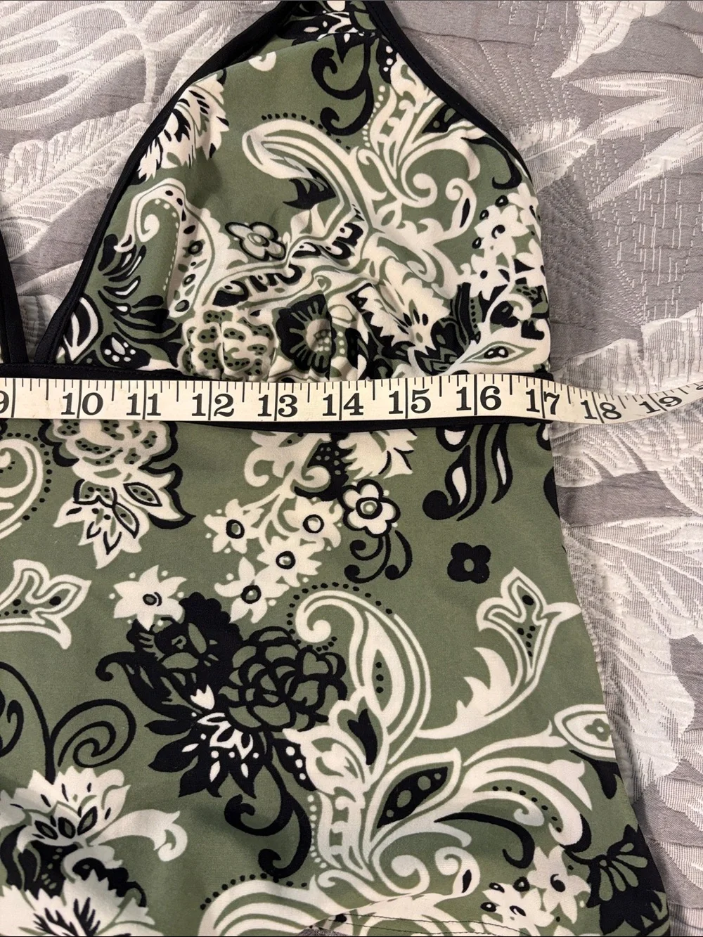 Olive Green Paisley Halter Tankini Set with Black Trim